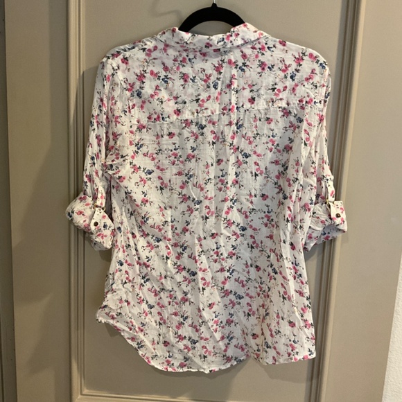 MAGAZINE lightweight cotton convertible long short sleeve floral blouse button M - Picture 6 of 15